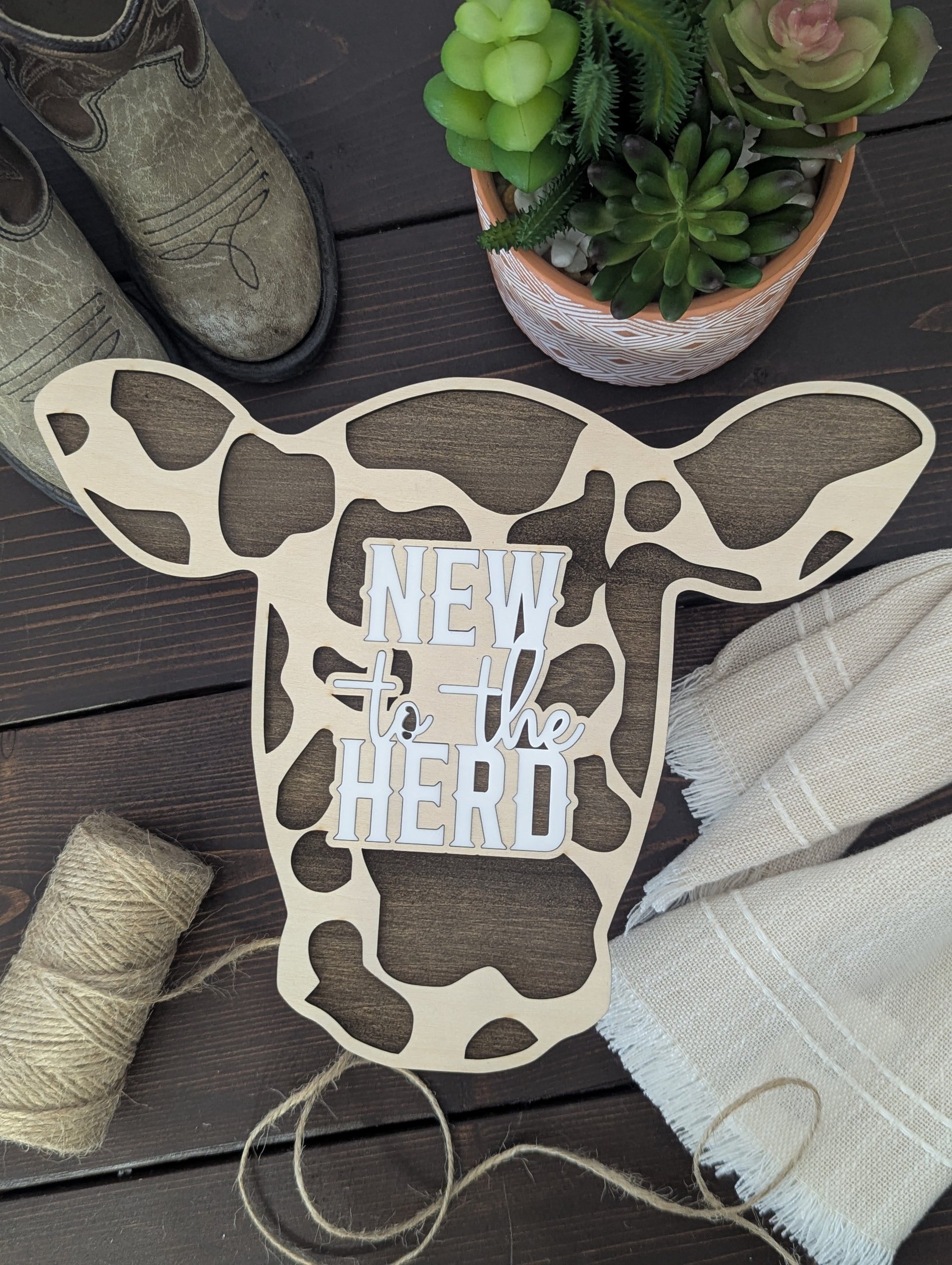 "New to the Herd" Cow Head Wooden Sign – Layered Wood + Acrylic Inlay