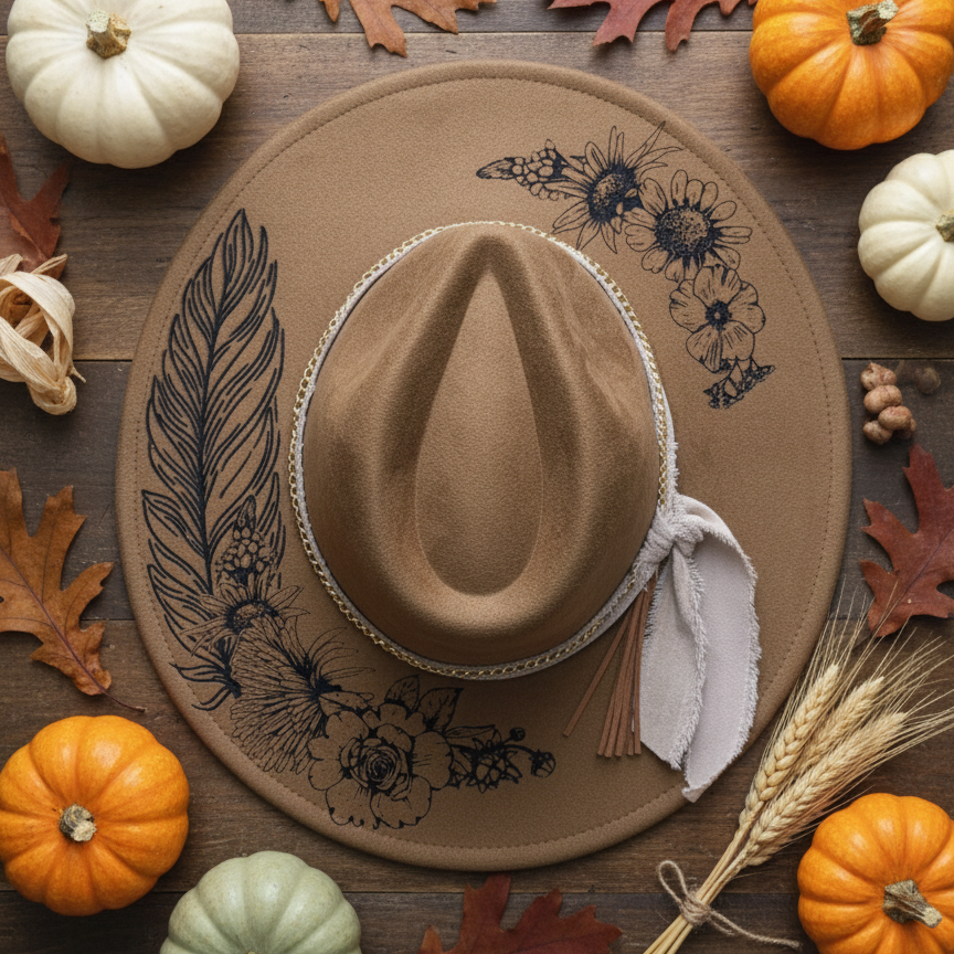 Engraved Vegan Suede Hat - Floral & Feather