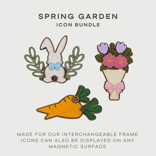 Spring-themed icon bundle with bunny, carrot, and flower design on a light gray background.