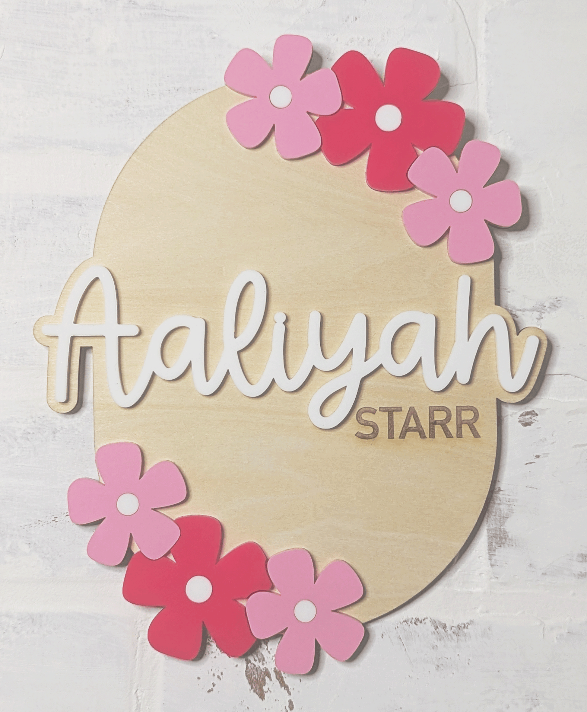 Custom Oval Wooden Name Sign – Acrylic Script + Engraved Middle Name + Floral Accents