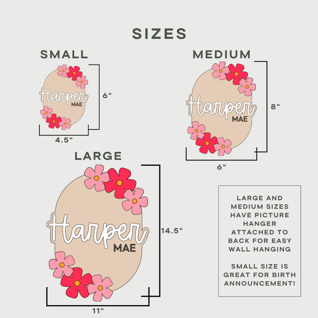 Custom Oval Wooden Name Sign – Acrylic Script + Engraved Middle Name + Floral Accents