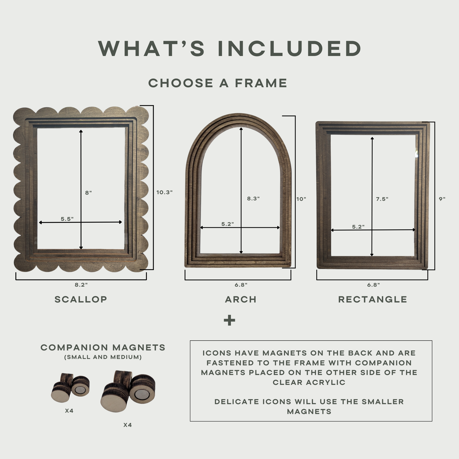 Diagram of different frame styles with dimensions and magnet information on a white background