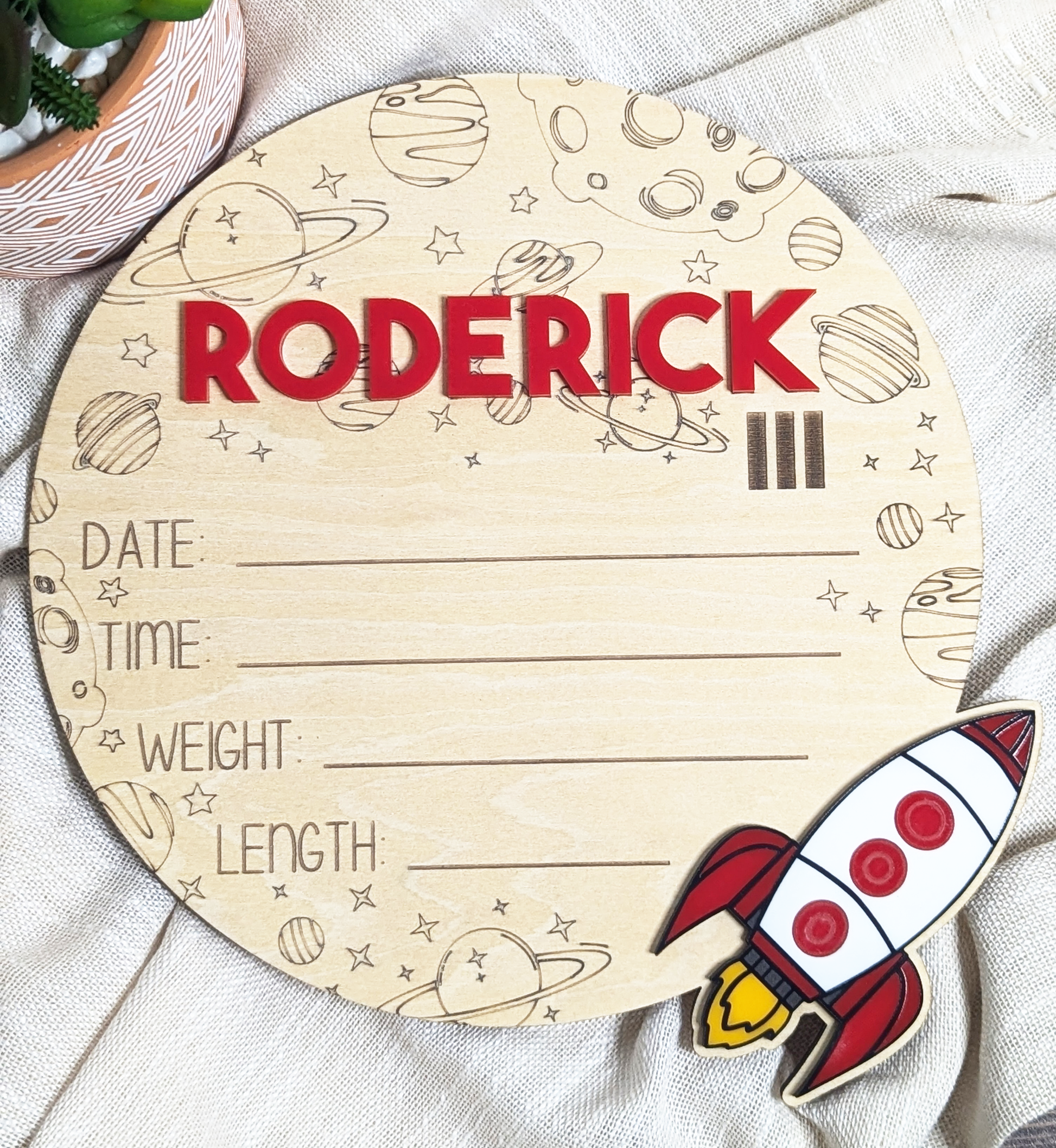 Personalized Space-Themed Baby Announcement Sign – Wood & Acrylic