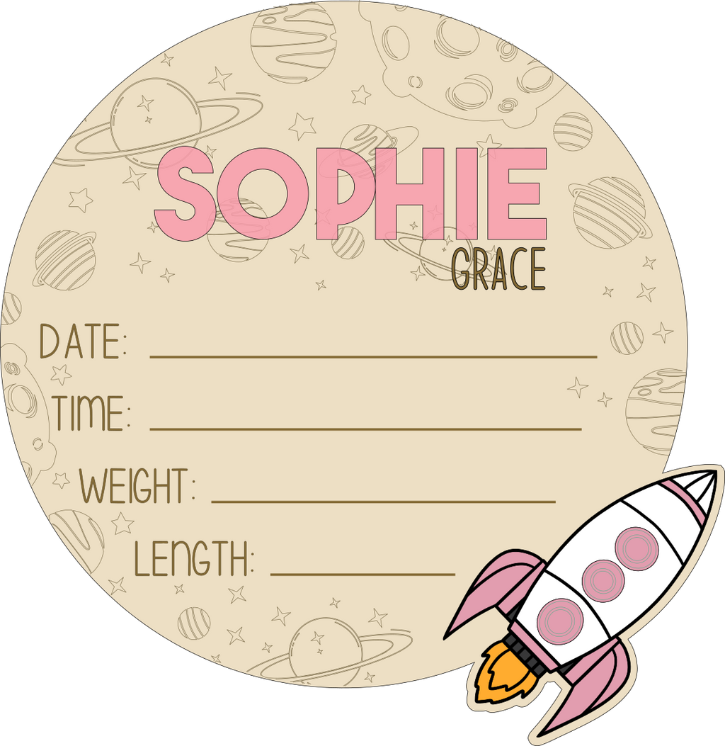 Personalized Space-Themed Baby Announcement Sign – Wood & Acrylic