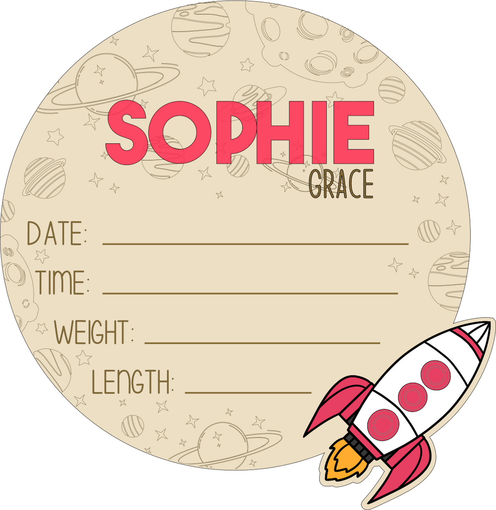 Personalized Space-Themed Baby Announcement Sign – Wood & Acrylic