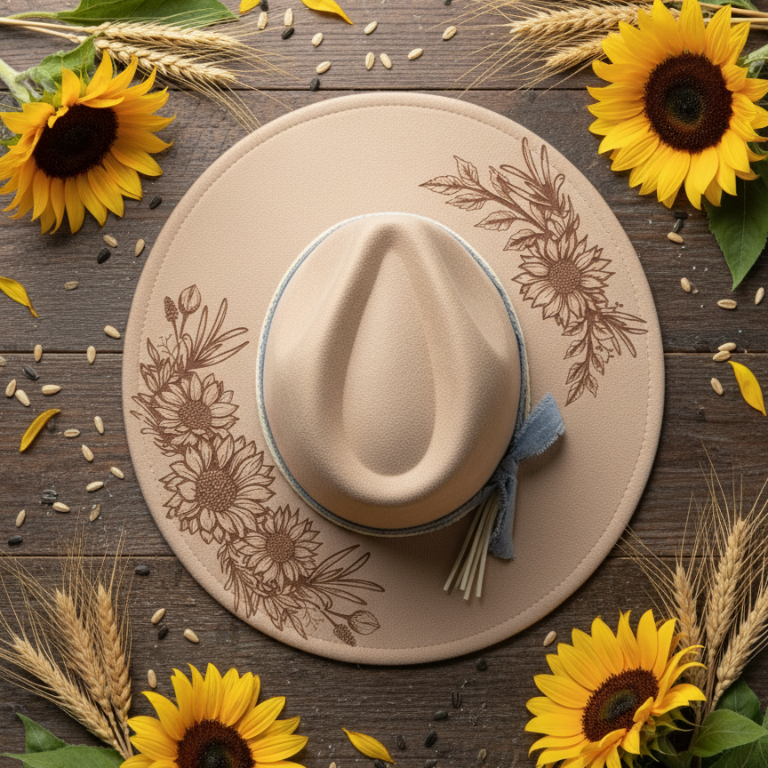 Engraved Vegan Suede Hat - Sunflowers