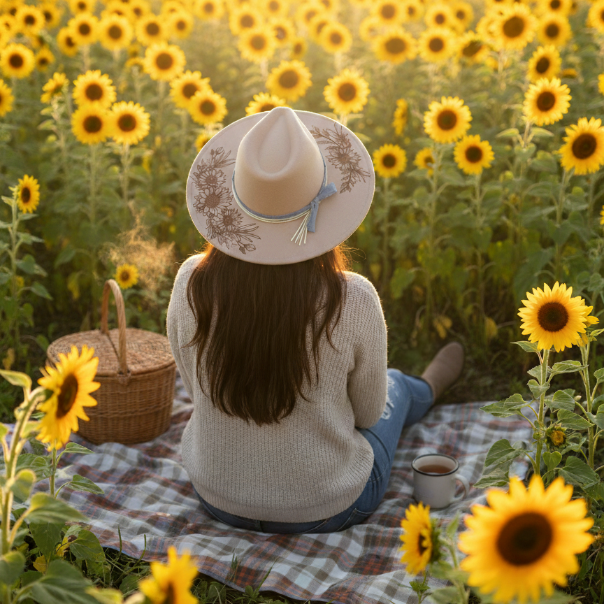 Engraved Vegan Suede Hat - Sunflowers