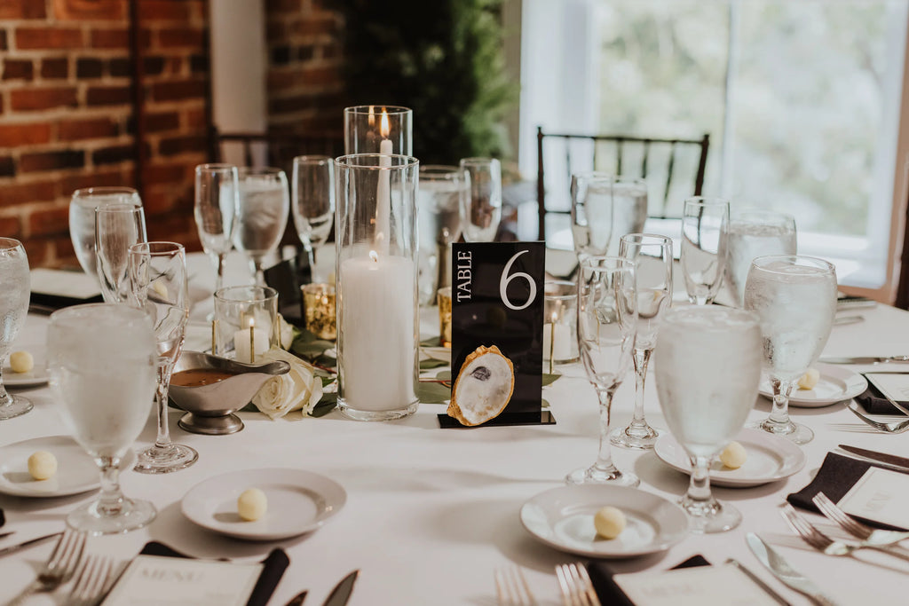 Elegant Black & Gold Oyster Shell Table Number Signs (Rental)