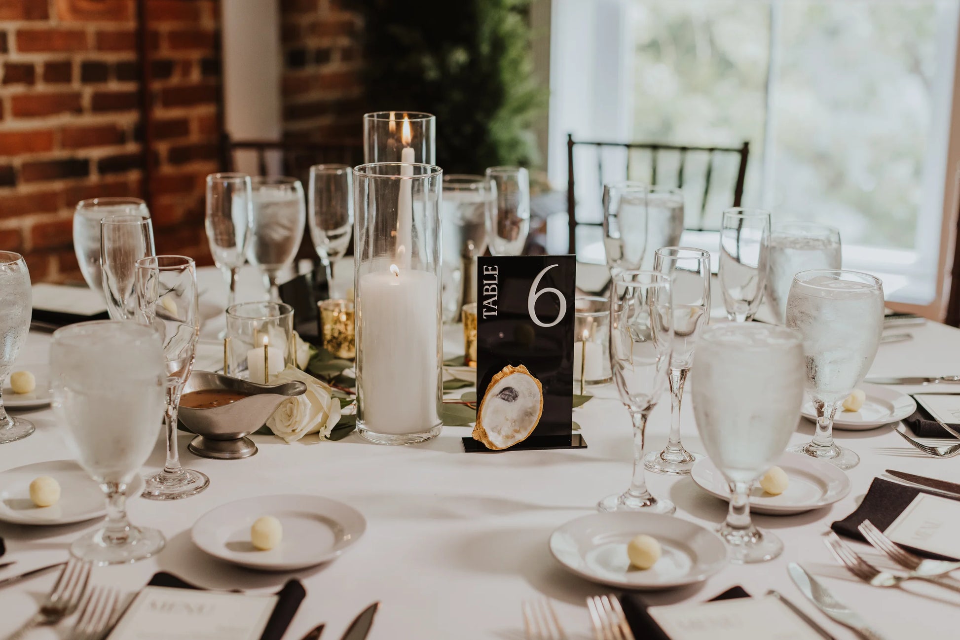 Elegant Black & Gold Oyster Shell Table Number Signs (Rental)