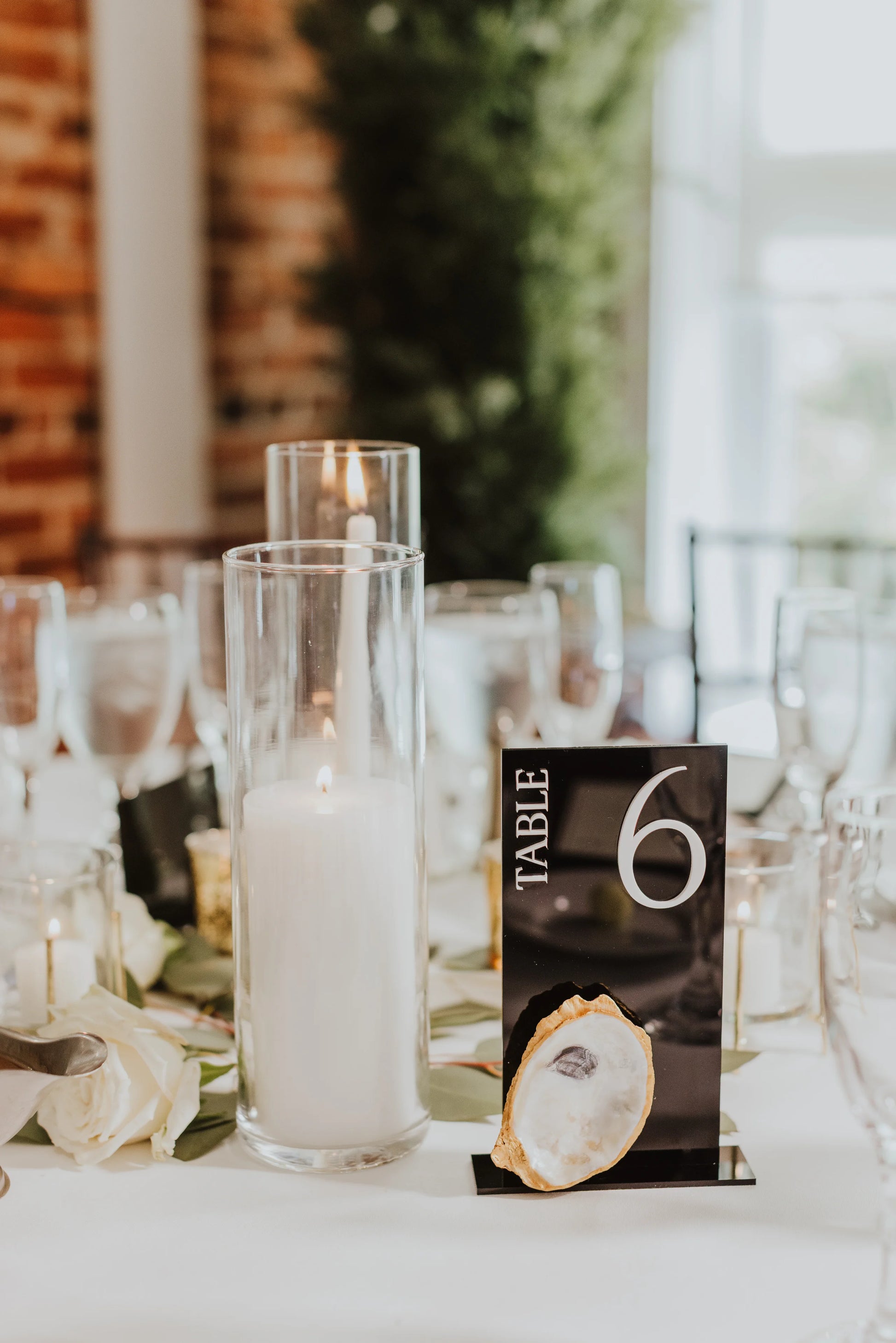 Elegant Black & Gold Oyster Shell Table Number Signs (Rental)