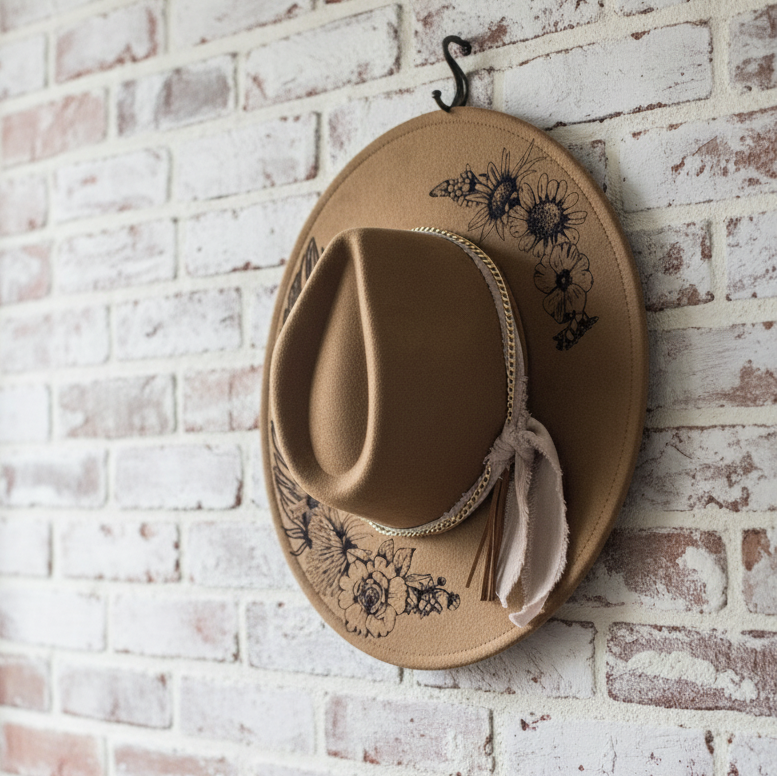 Engraved Vegan Suede Hat - Floral & Feather